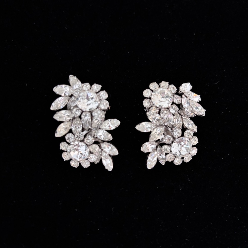Vintage Oversized Swarovski Clear Crystal Clip on Earrings 1 1/2” Rhodium Plated